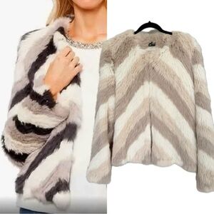 Love Token Real Rabbit Fur Beige White Jacket Crewneck Long Sleeve XL
